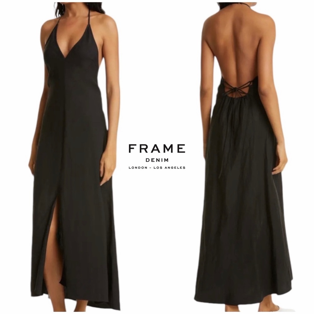Like New - Frame Halter Lace-Up Linen/Cotton Blend Backless Dress (XL)